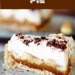 Blue surface with plate and slice of banoffee pie, brown white text overlay