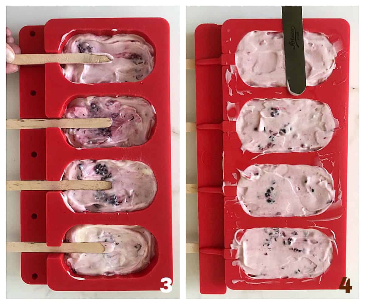 Image collage of red ice cream molds being filled and leveled with knife