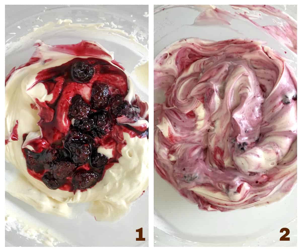 Making cheesecake with berries, process collage; mixing cheese and berry compote