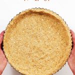 Hands holding cookie crumb crust, overview image with brown text overlay