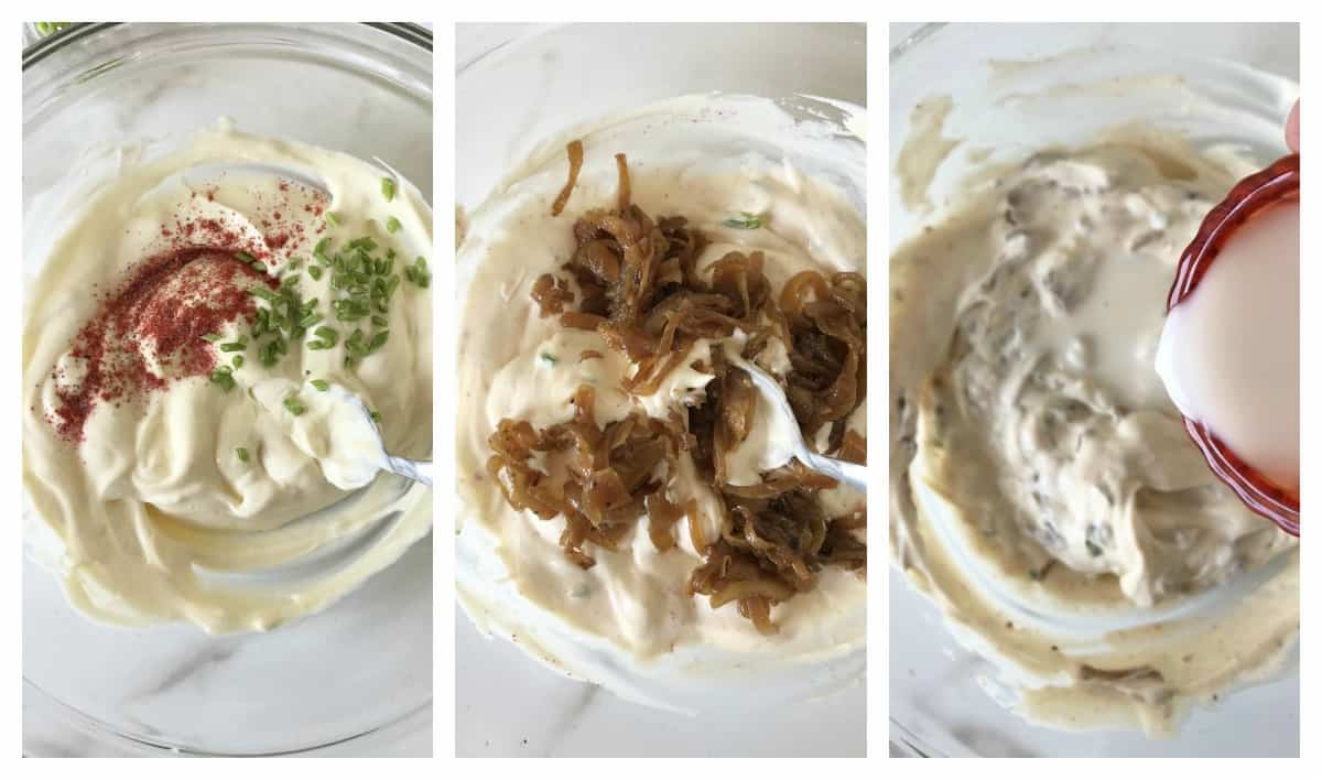 Three image collage adding ingredients of bowl with onion dip