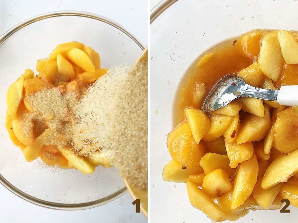 Collage showing brown sugar being added to sliced peaches in glass bowl, spoon and liquid