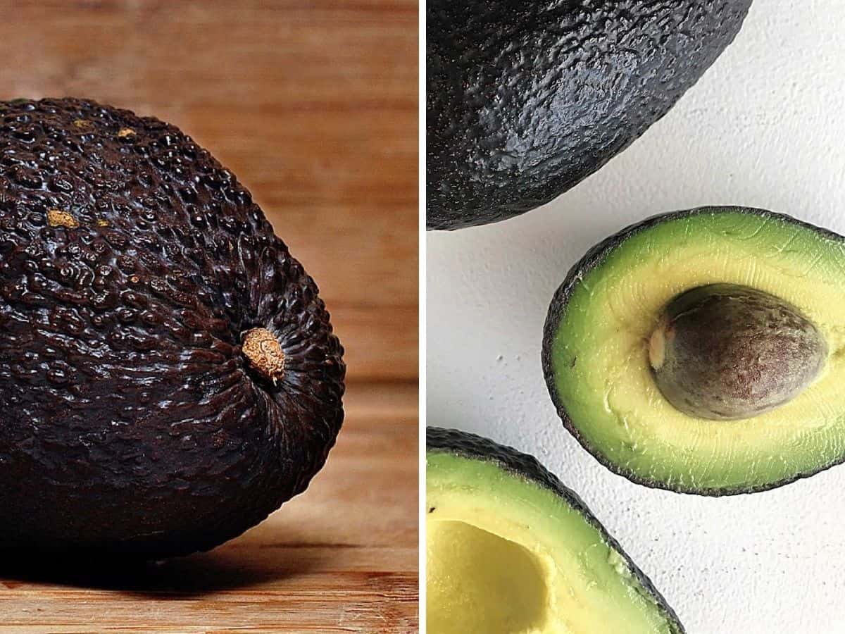 Collage showing half whole avocado and opened on white surface.