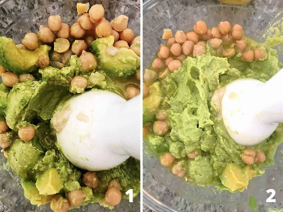 Top view blending avocado with chickpeas, image collage