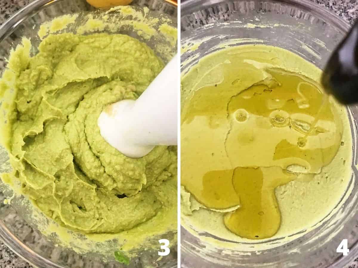 Blending avocado hummus and adding olive oil, two image collage