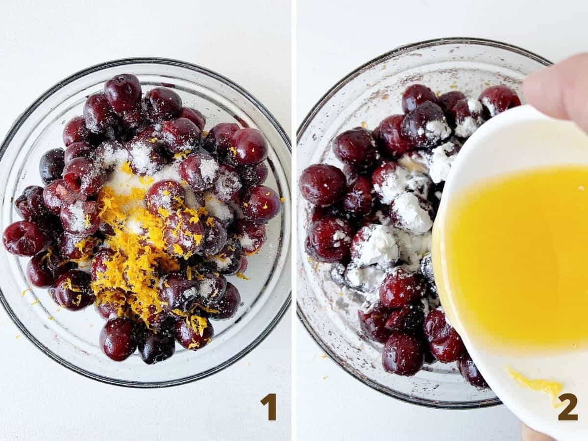Collage of glass bowls with cherries, sugar, orange zest and juice
