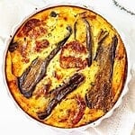 Black and white text overlay on two images of crustless quiche in a white dish.