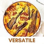Whole and serving of crustless quiche with brown and white text overlay.