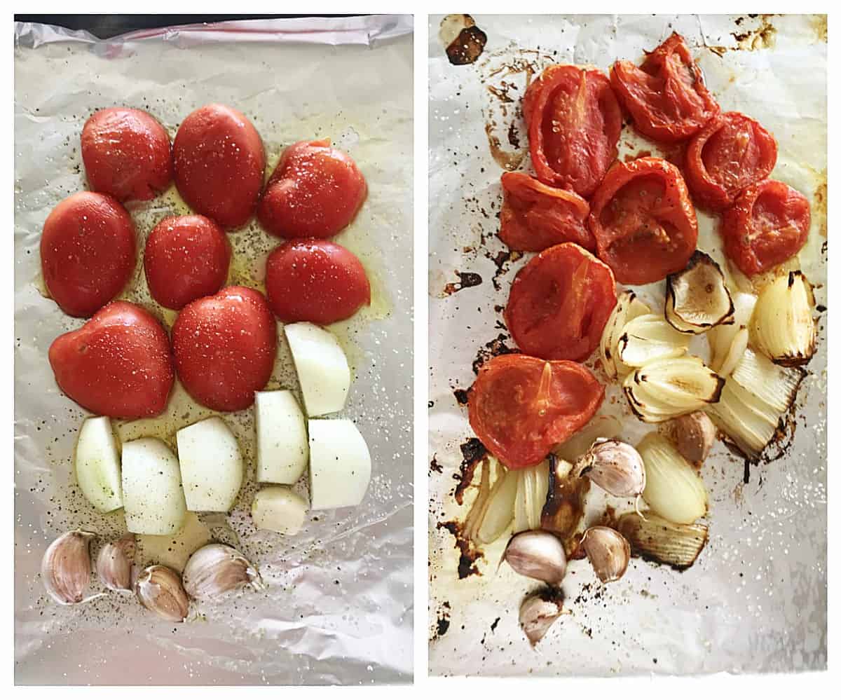 Image collage of before and after roasted tomatoes, onion and garlic on aluminum foil