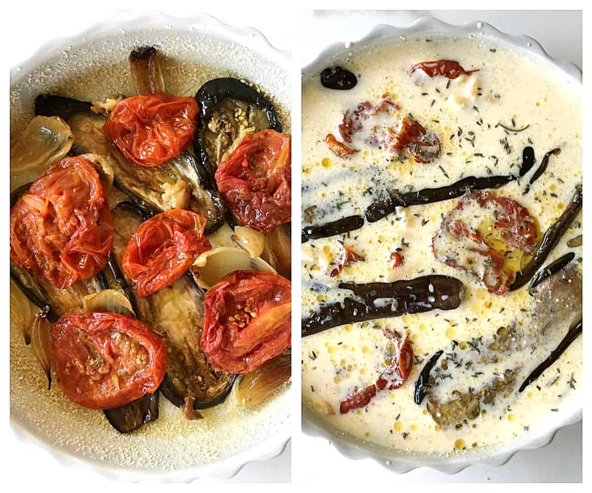 Two image collage of ceramic dish with only vegetables and after adding the cream.