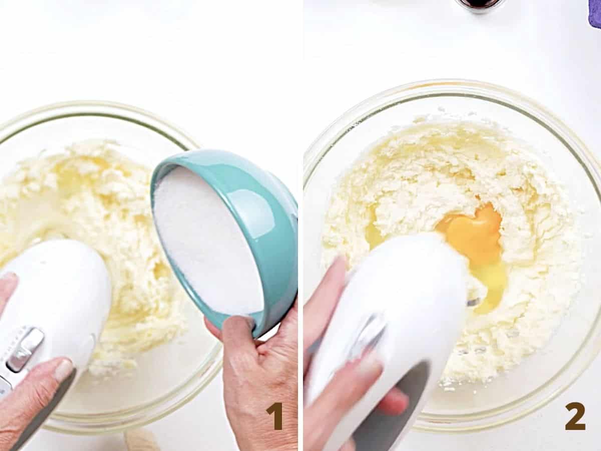 Adding sugar and egg to glass bowl with batter and electric mixer