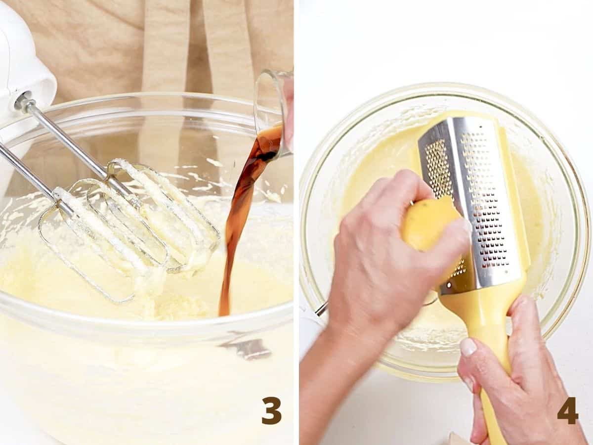 Vanilla being added to cake batter in glass bowl, also grating lemon zest over it