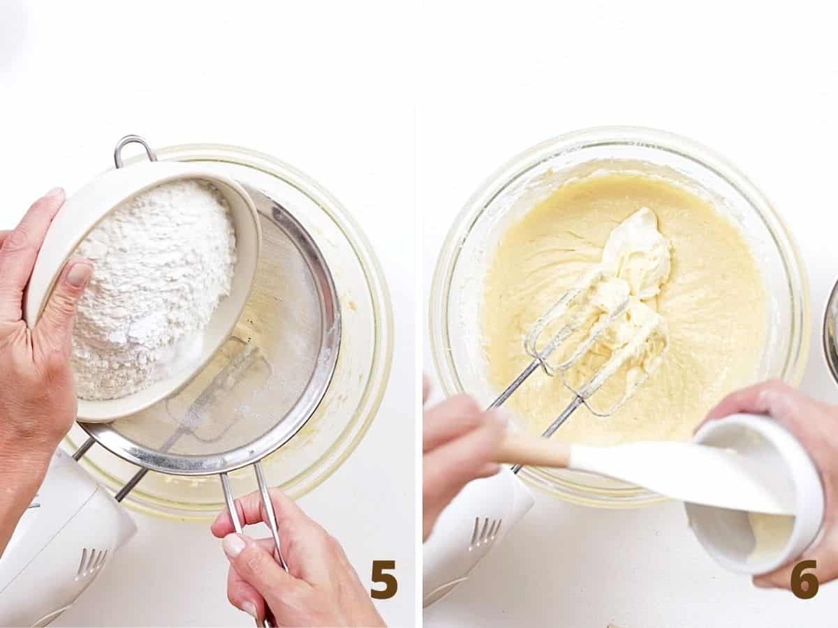 Two image collage sifting flour over cake batter and adding sour cream, white surface