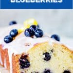 A blueberry bread with grey background, blue text overlay