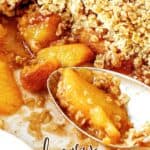 Orange, white and black text overlay on peach oat crisp.
