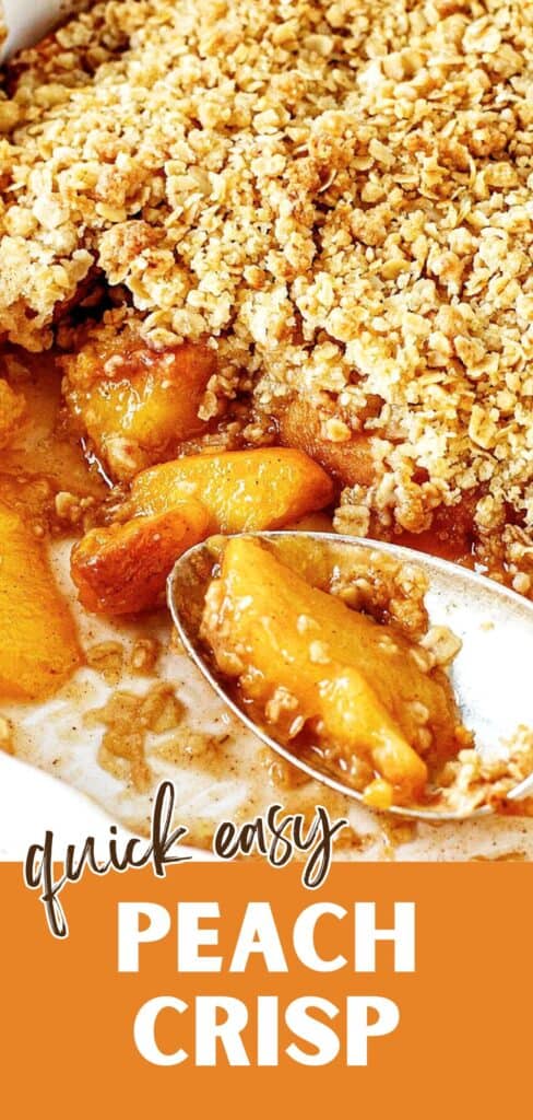 Orange, white and black text overlay on peach oat crisp.