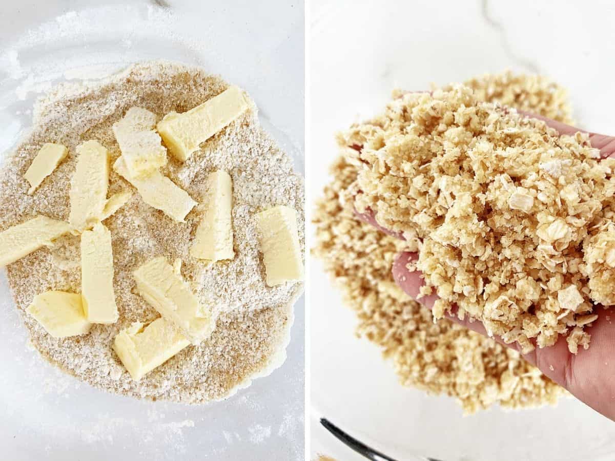 Collage showing glass bowl with butter and dry ingredients, hand holding finished crumble mixture