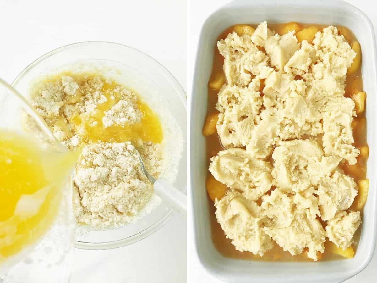 Collage showing melted butter added to cake mix and unbaked peach dump cake in rectangular pan.