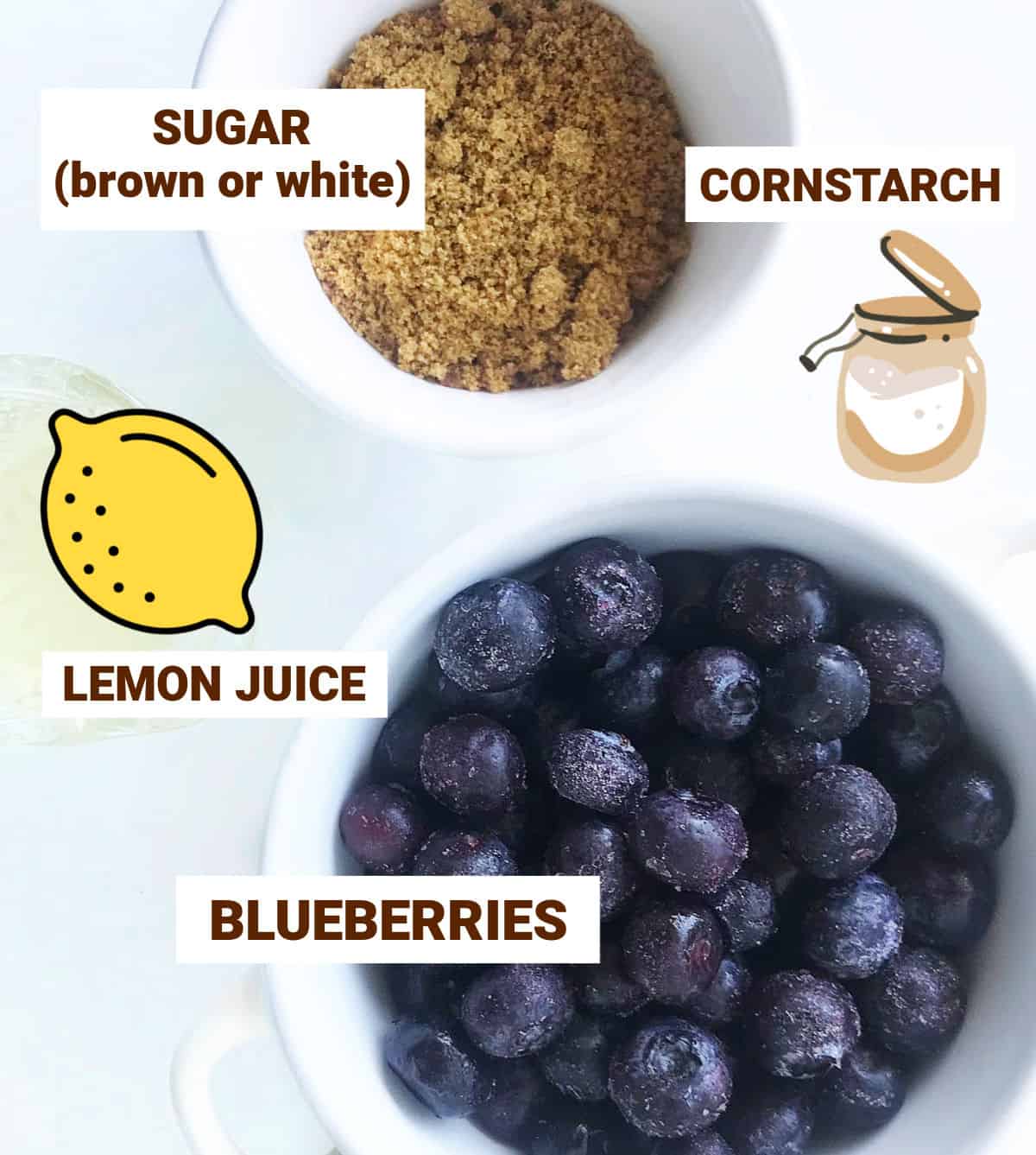 White bowls and graphics with sugar and blueberries, jar with juice, image with text.