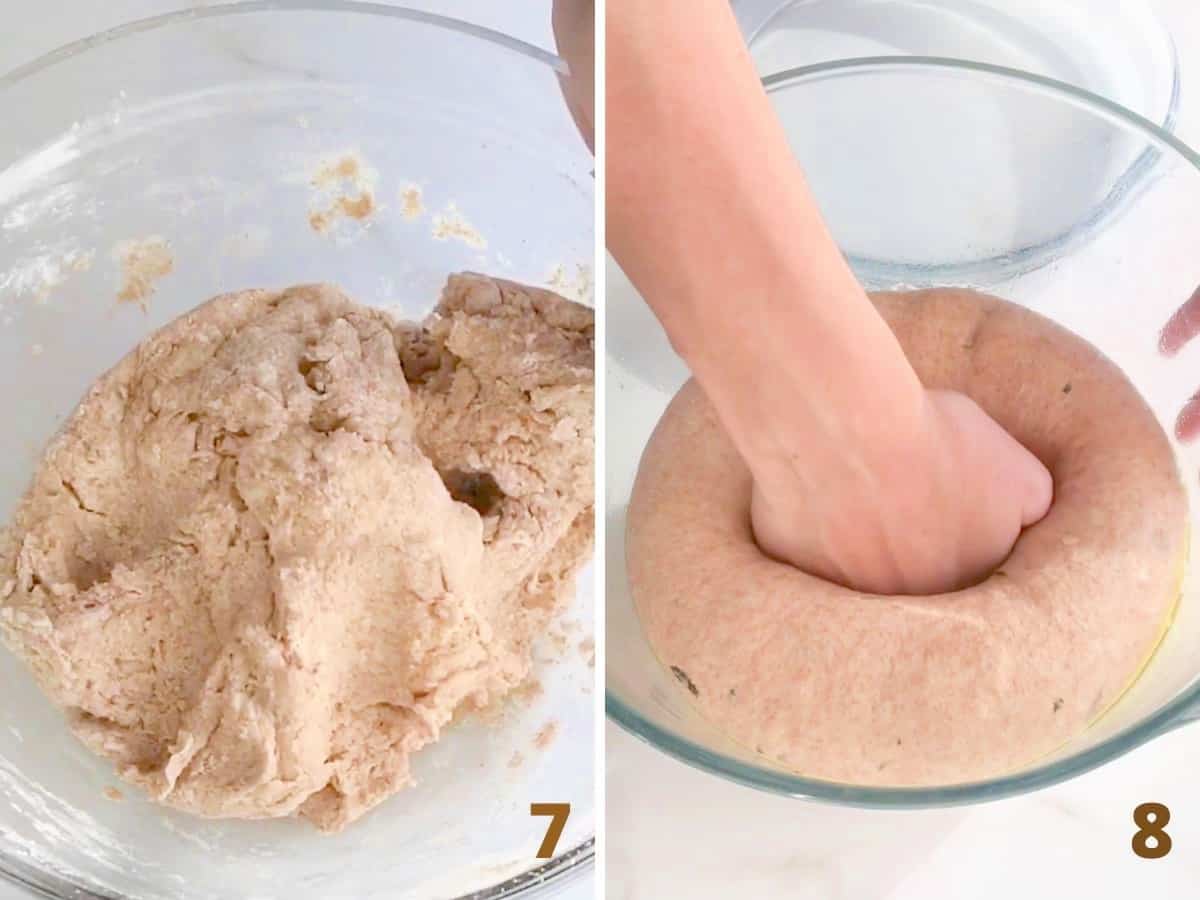 Whole wheat dough in glass bowl and a hand punching it down after it doubled; a collage