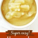 Brown and white text overlay on image of white bowl with applesauce on a white surface.