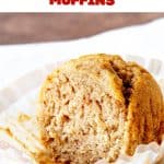 Eaten muffin in paper liner on white napkin with red text overlay