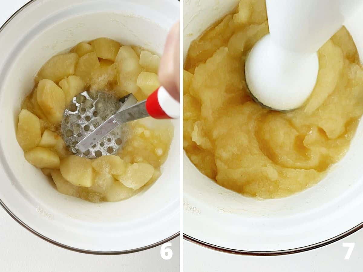 Image collage making applesauce in white saucepan with potato masher and immersion blender