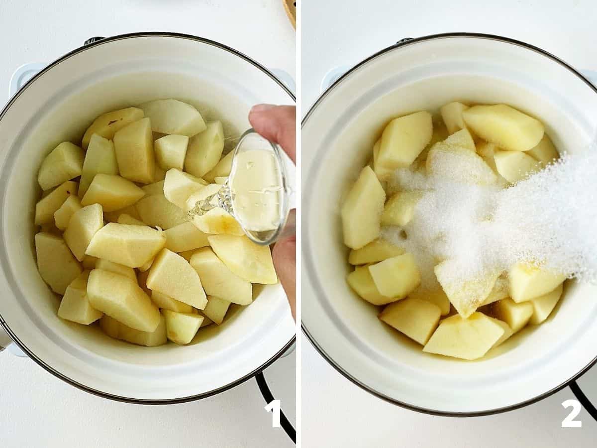 Collage showing apple pieces in white saucepan, adding water, adding sugar, and adding white surface