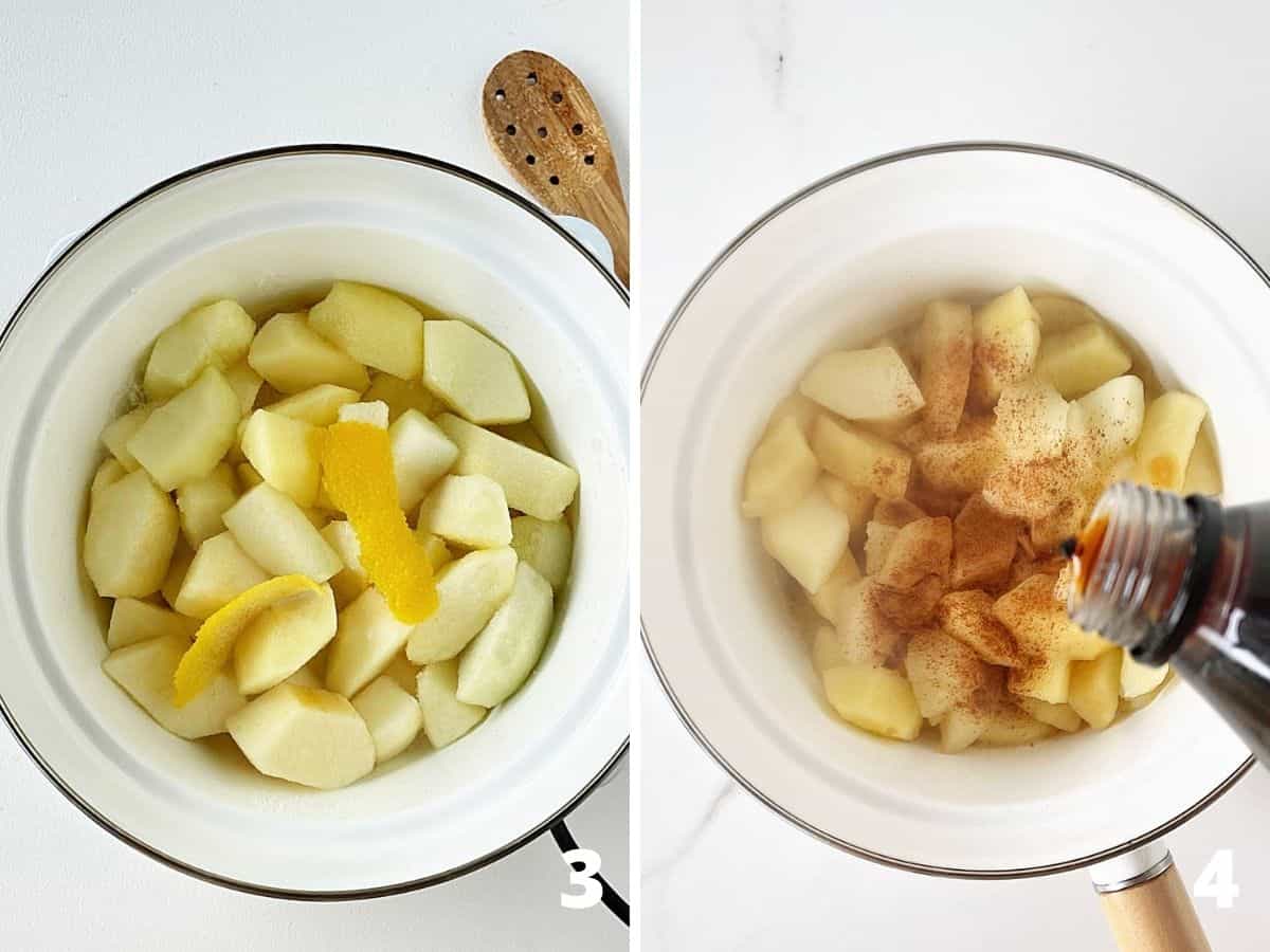Apple pieces with lemon in white saucepan on white surface; adding vanilla and cinnamon to it