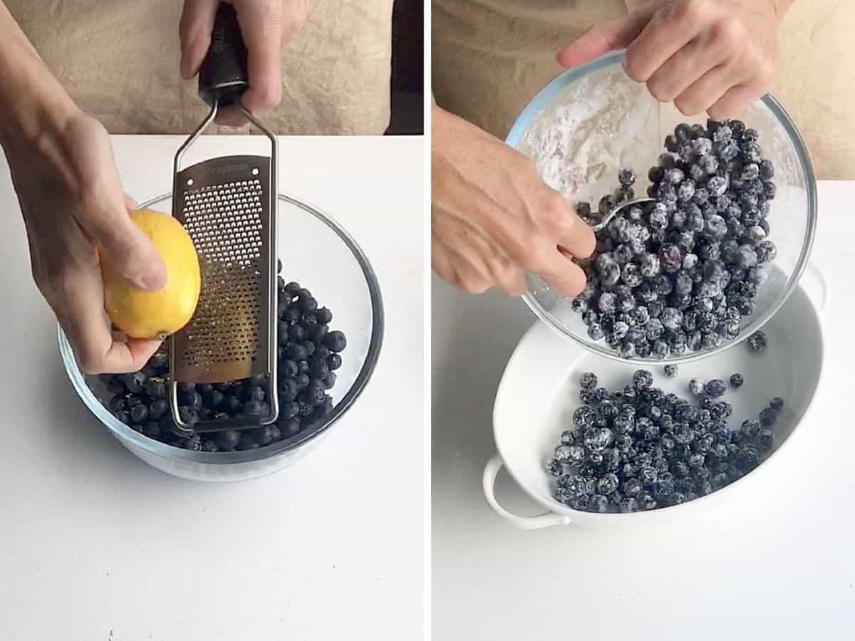 Grating lemon zest into bowl of blueberries and adding berry mixture to white oval dish.