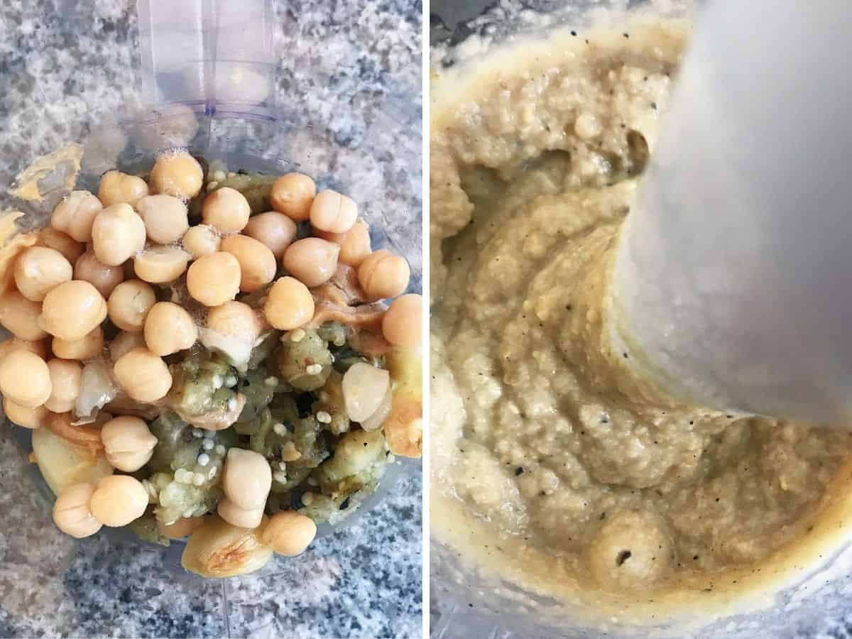 Glass jar with eggplant hummus ingredients, mixing it with immersion blender
