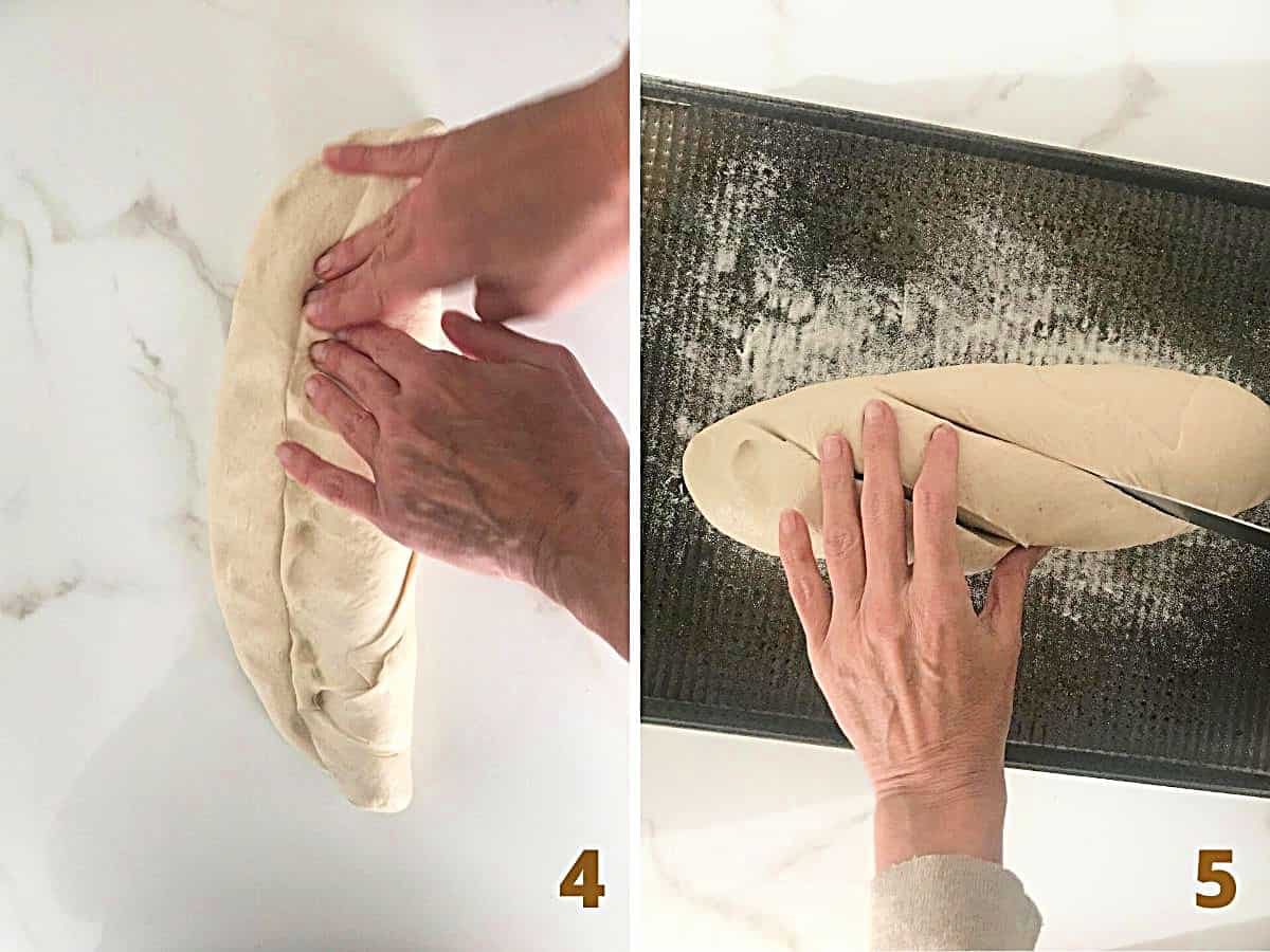 A collage with hands forming french baguette, and scoring bread on a metal pan