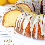 Half view of glazed lemon bundt cake with cut slice on white background; brown text overlay