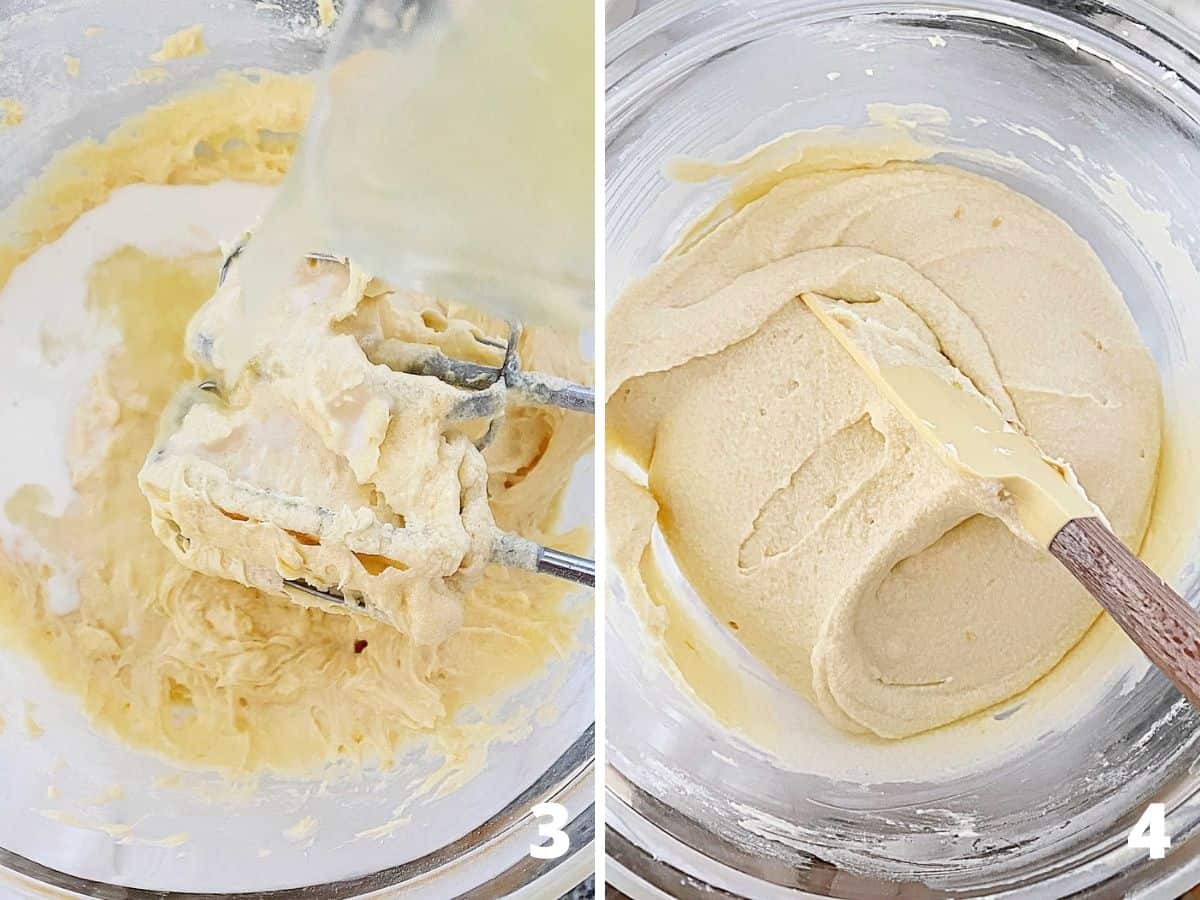 Collage showing cake batter in glass pan and beaters, before and after adding liquid