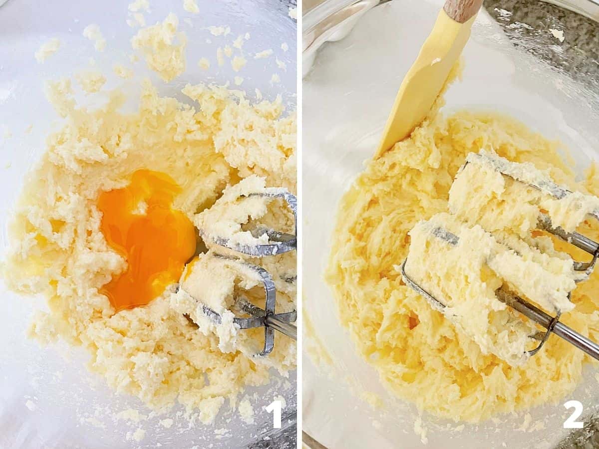 Making cake batter collage: adding eggs and scraping sides with yellow spatula