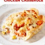 A white plate with portion of chicken, corn and tomato casserole; red text overlay