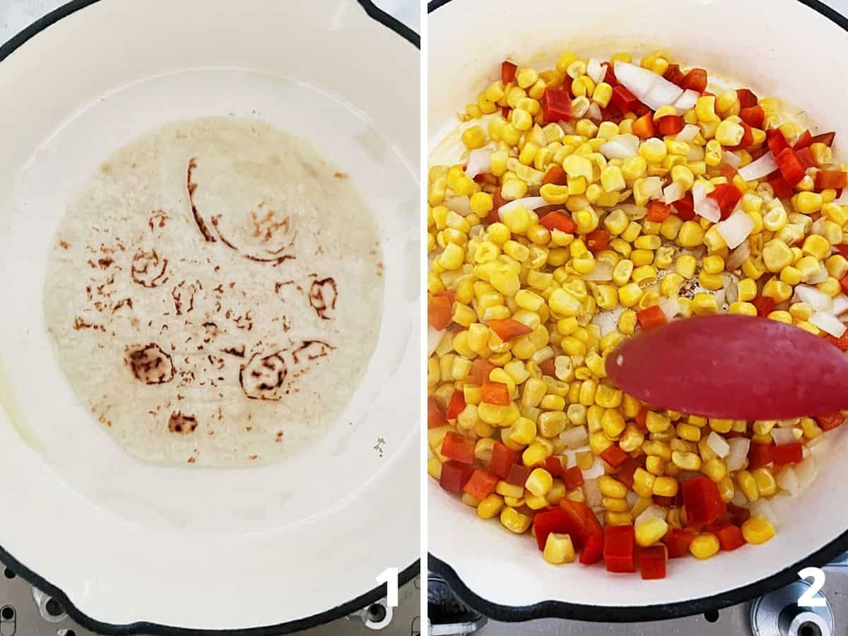 White skillet with flour tortilla and with corn pepper mixture