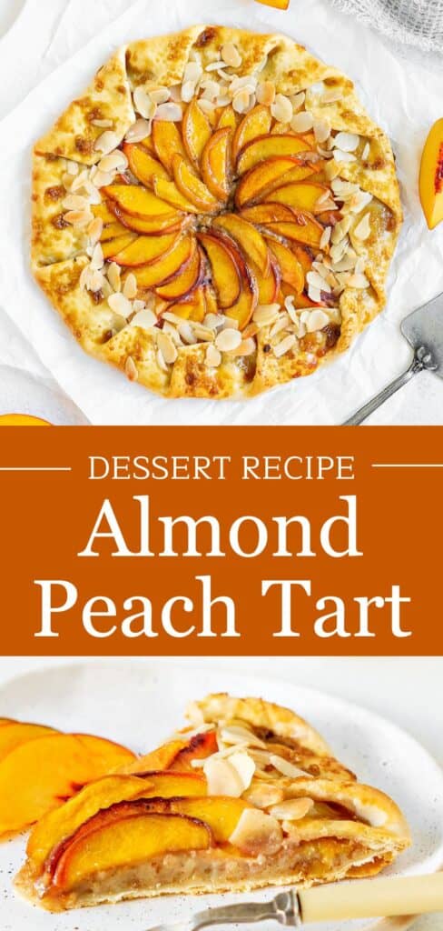 Brown and white text overlay on two images of whole and sliced peach galette.