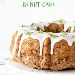 A white cake stand with glazed bundt cake; green text overlay