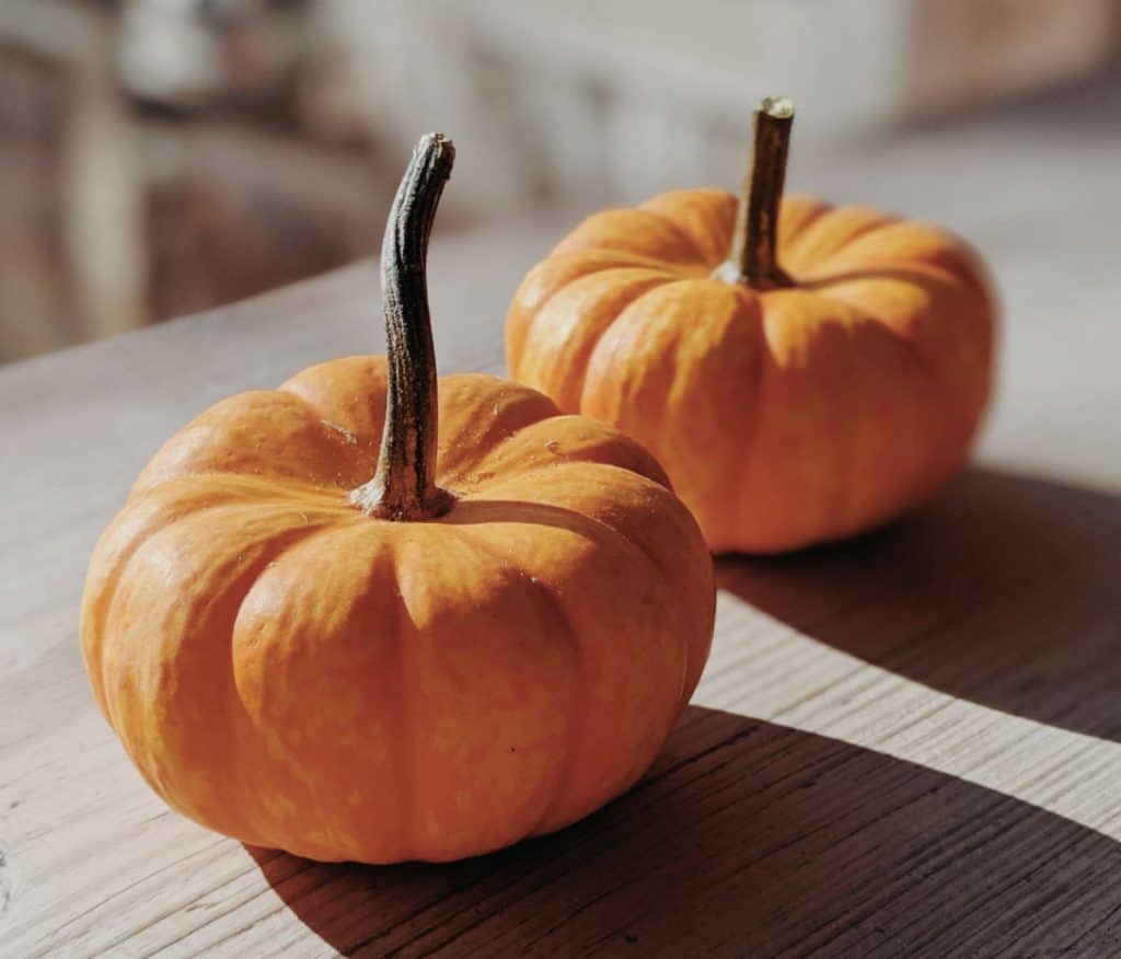 Two whole orange pumpkins on greyish wooden table