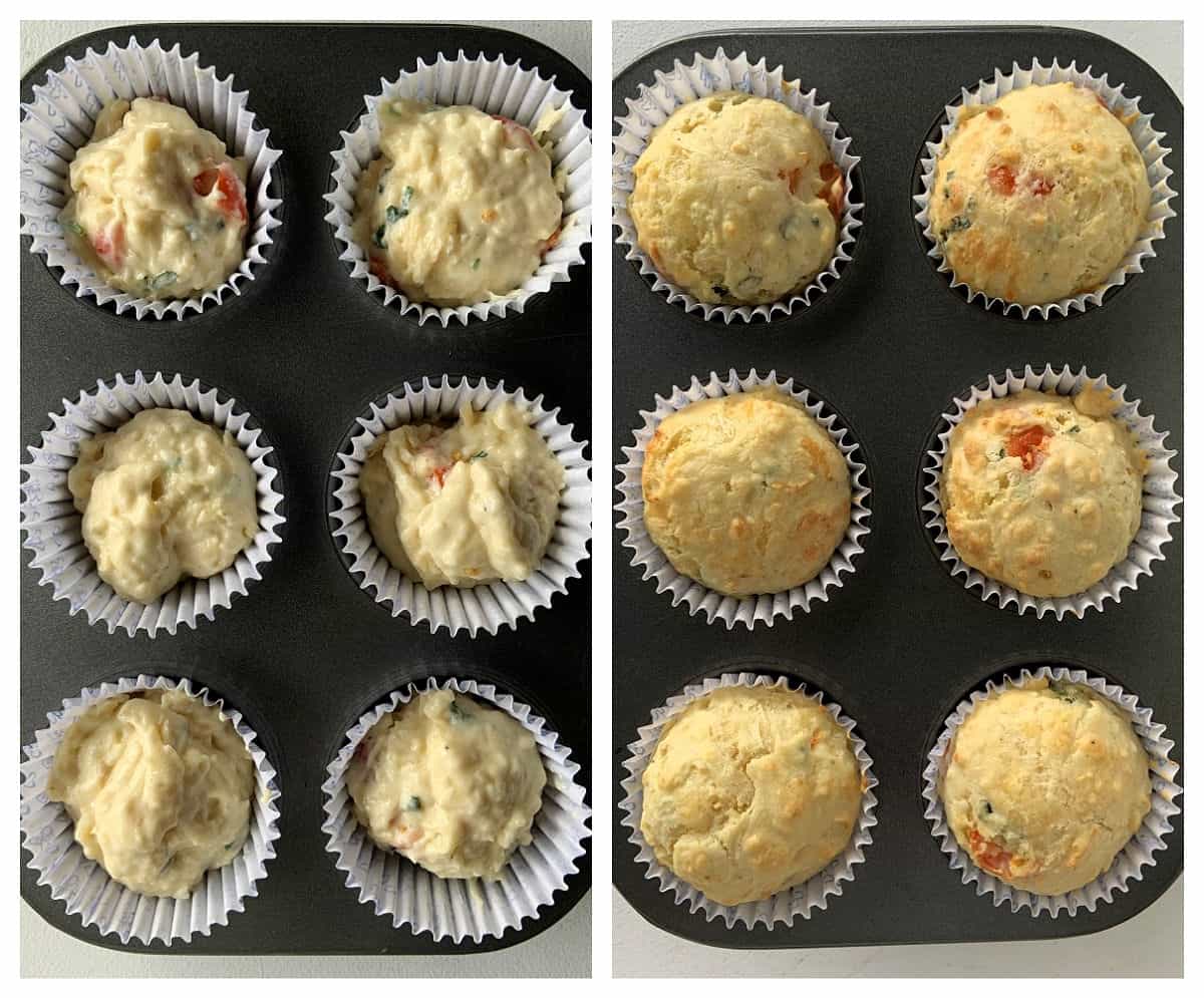 Two image collage of raw and baked muffins in metal pan