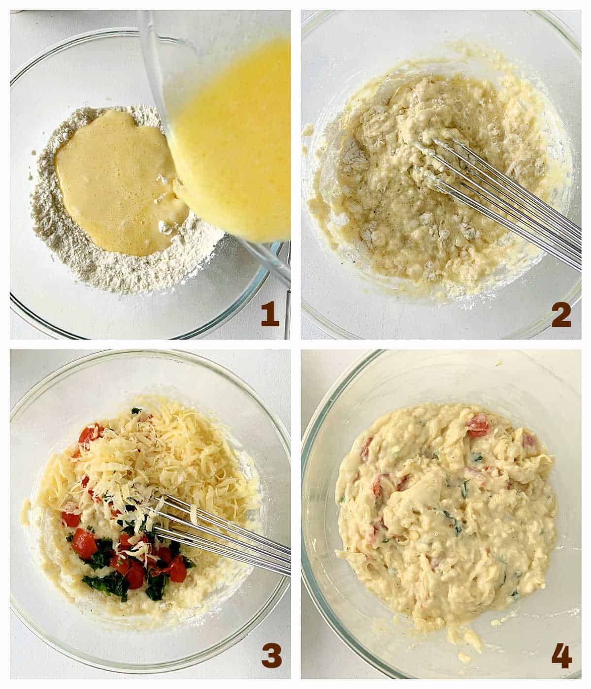 Image collage: adding wet ingredients to dry in a glass bowl , mixing and adding cheese and tomatoes