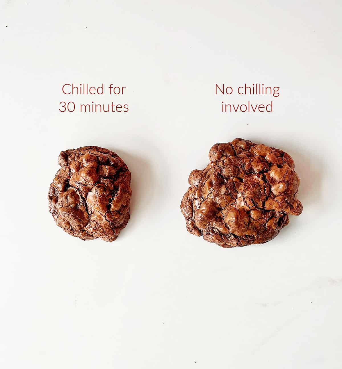 Two chocolate cookies on white surface, brown text overlay.