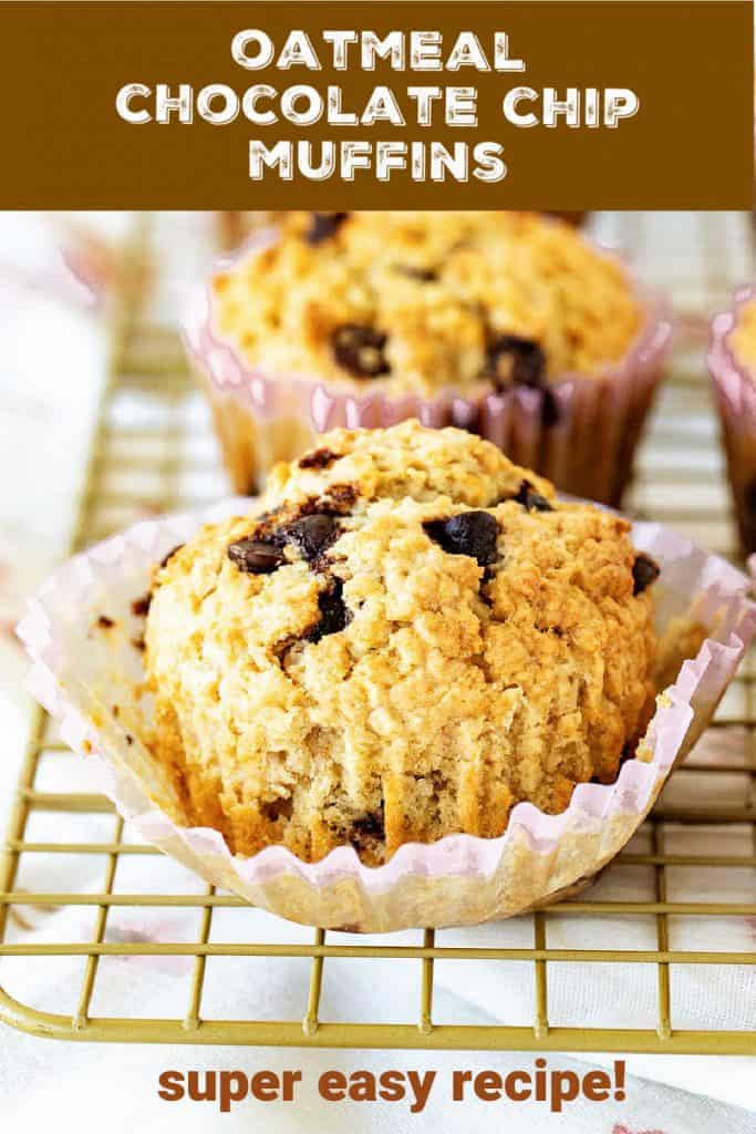 Row of muffins with chocolate chip on wire rack; brown text overlay