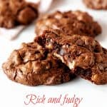 Chocolate walnut cookies on white pink surface, pink brown text overlay