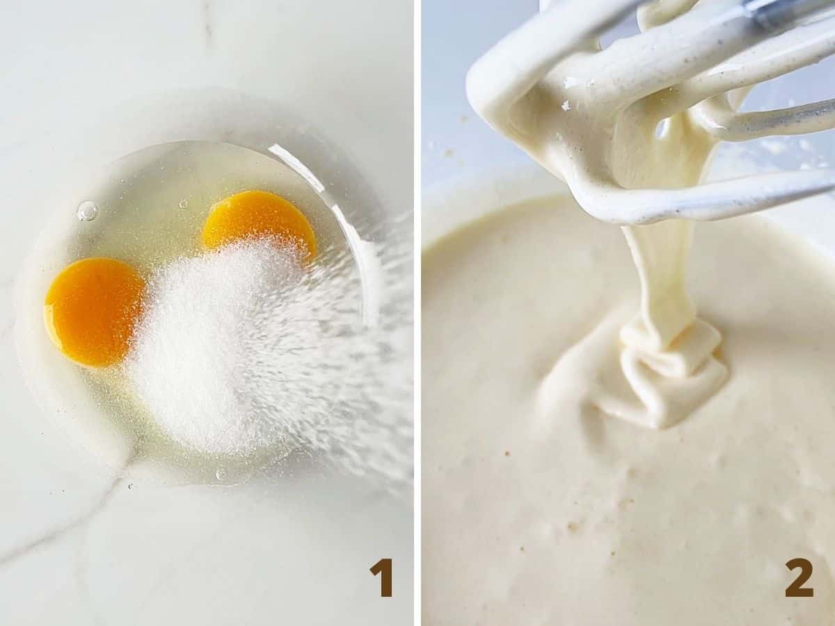 Two images showing glass bowl with eggs and sugar, and final foamy mixture