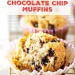 Close up of eaten chocolate chip muffin in paper liner on wire rack; red text overlay