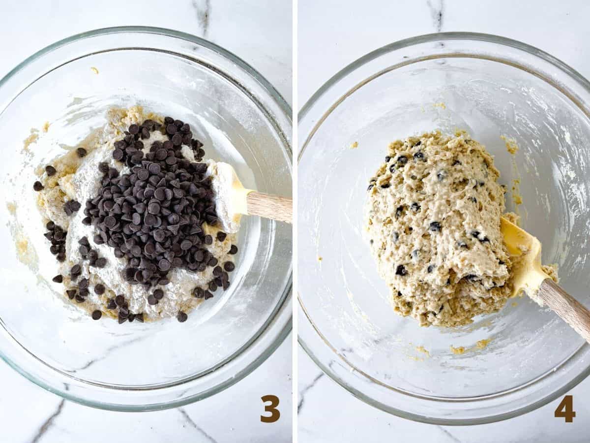 Collage showing glass bowl with oatmeal chocolate chip muffin batter before and after it's mixed.