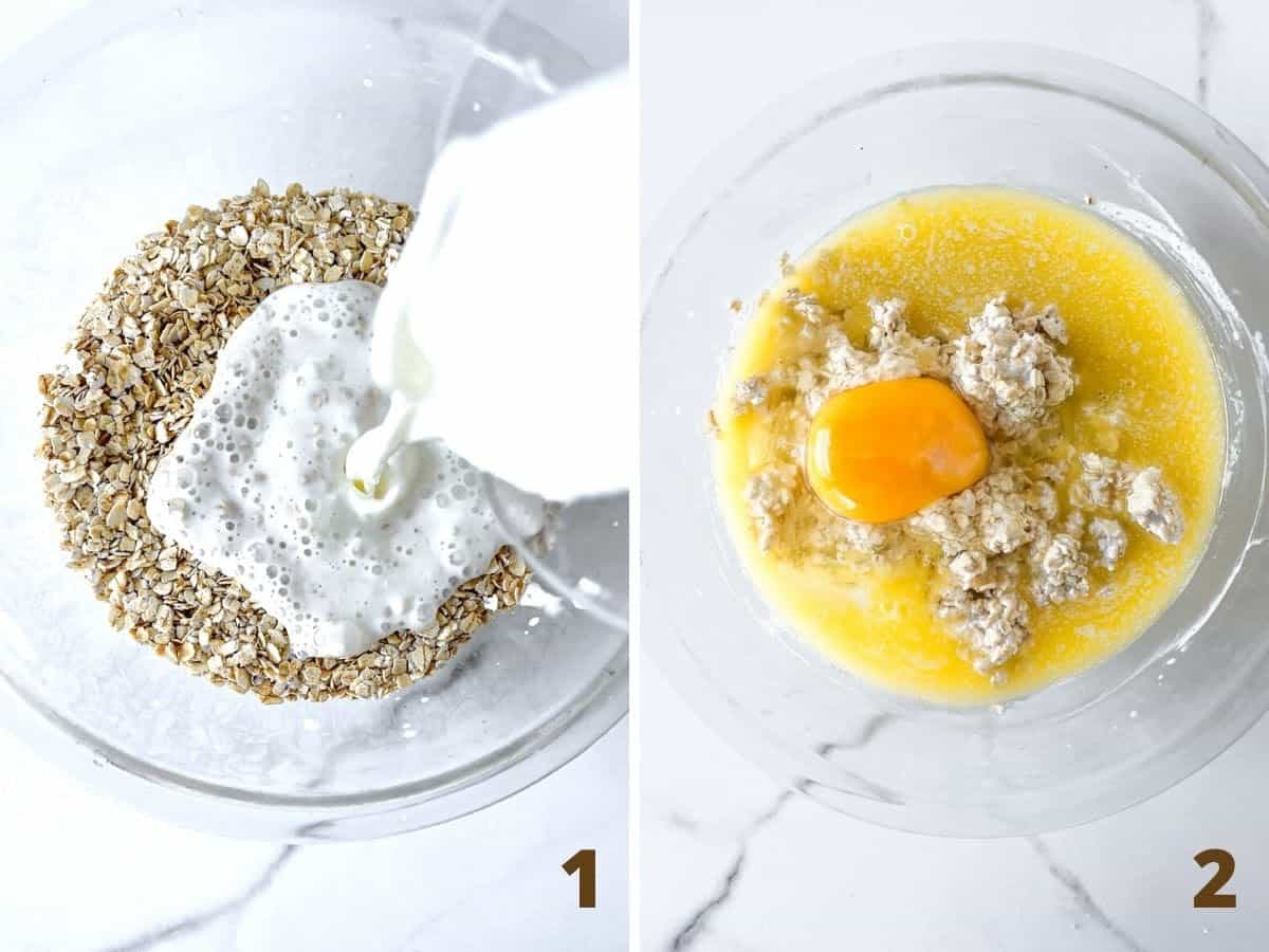 Mixing buttermilk with oats in glass bowl, adding egg and butter; a collage.