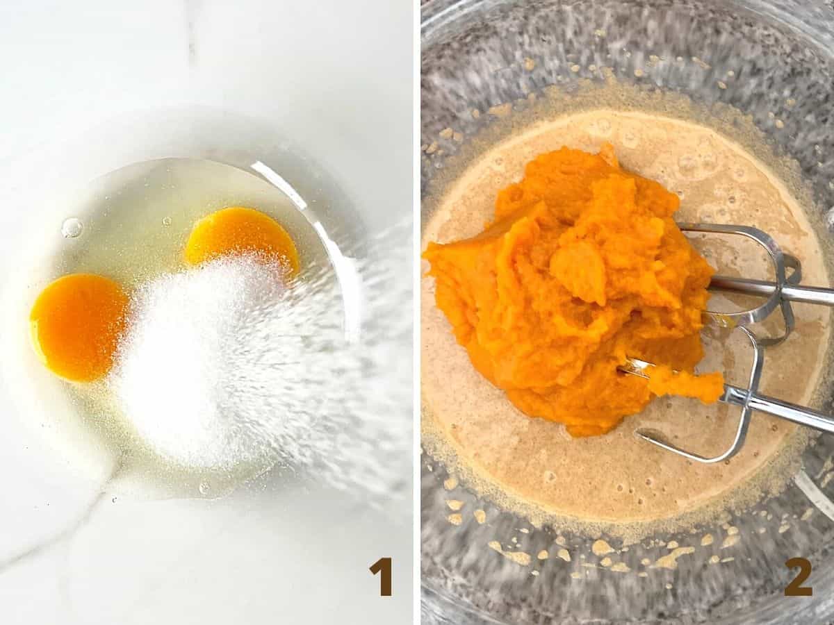 Collage with glass bowl containing eggs and sugar; after adding pumpkin puree